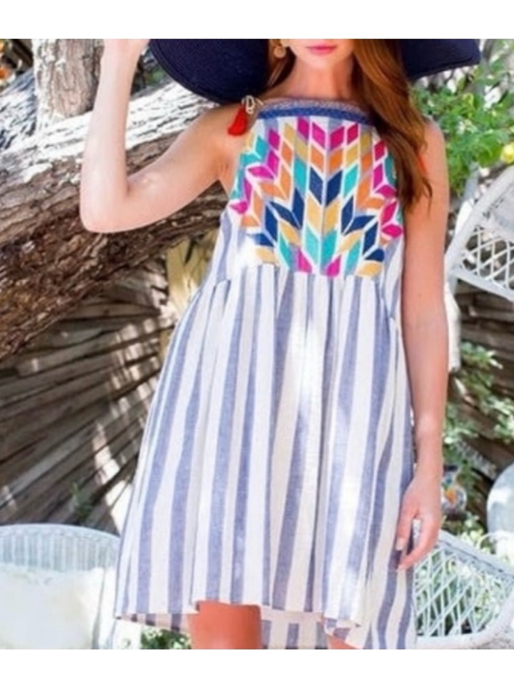 THML Blue and White Striped Sleeveless Dress with Colorful Embroidery